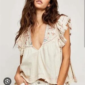 Free People Cream Embroidered Ruffle Blouse